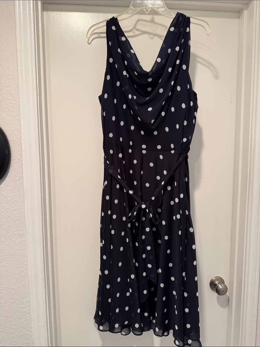 Sleeveless Navy Polka Dot Midi Dress with Cowl Neck